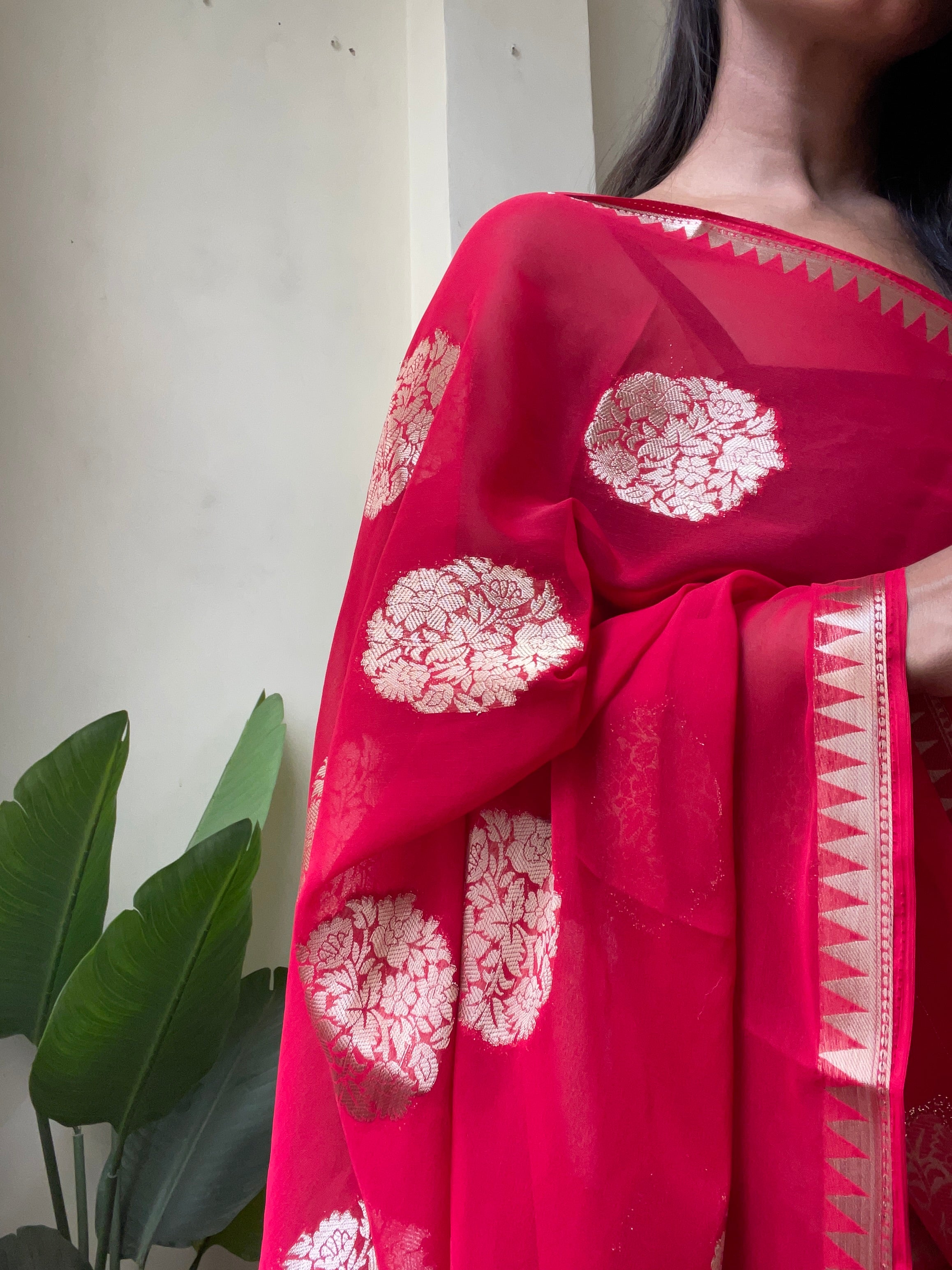 Surkh Laal | Pure Red Saree With Gold Floral Motifs