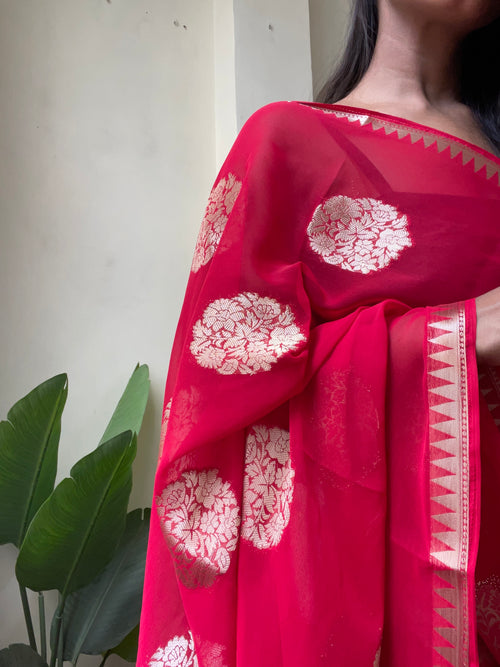 Surkh Laal | Pure Red Saree With Gold Floral Motifs