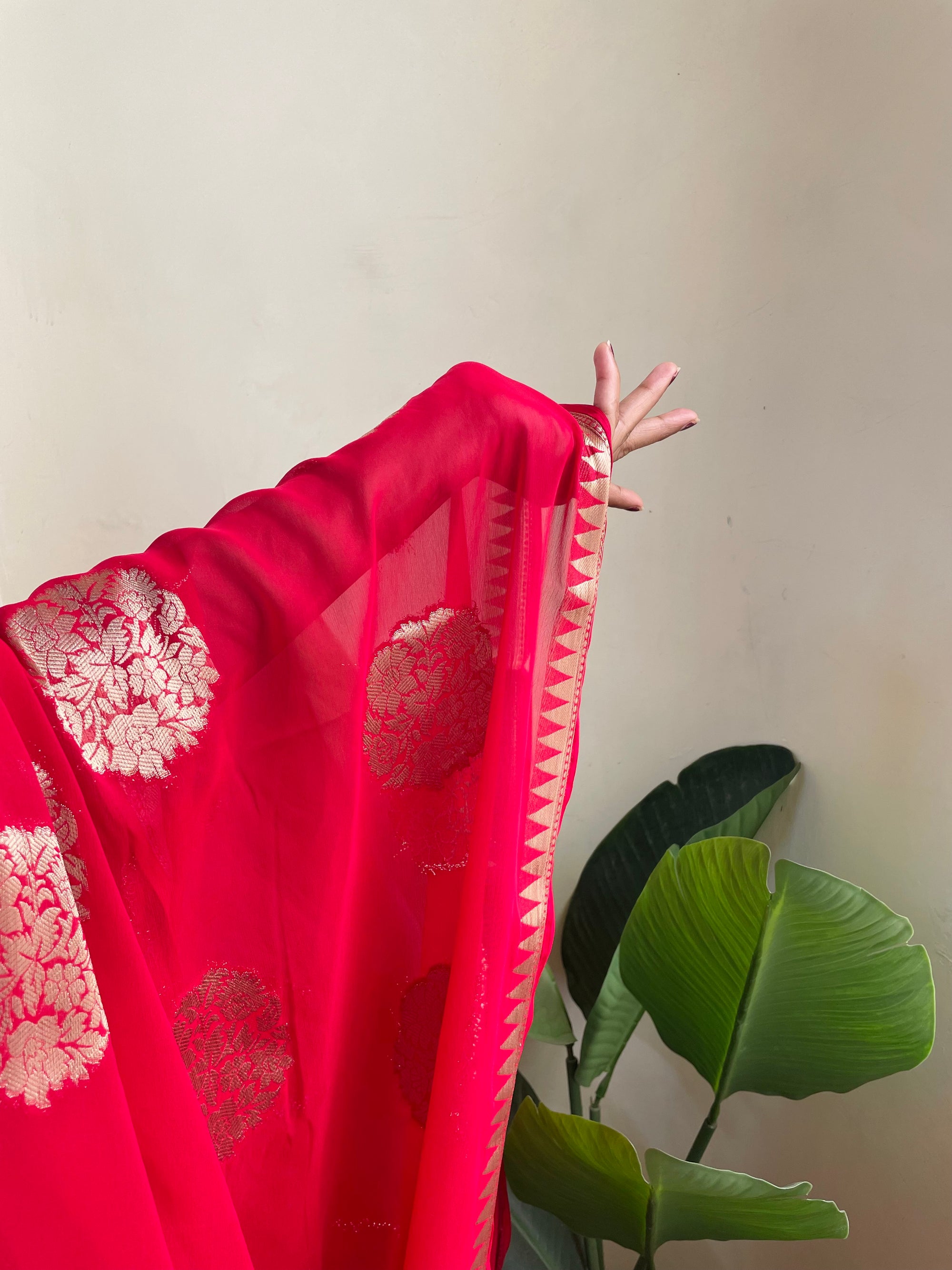 Surkh Laal | Pure Red Saree With Gold Floral Motifs